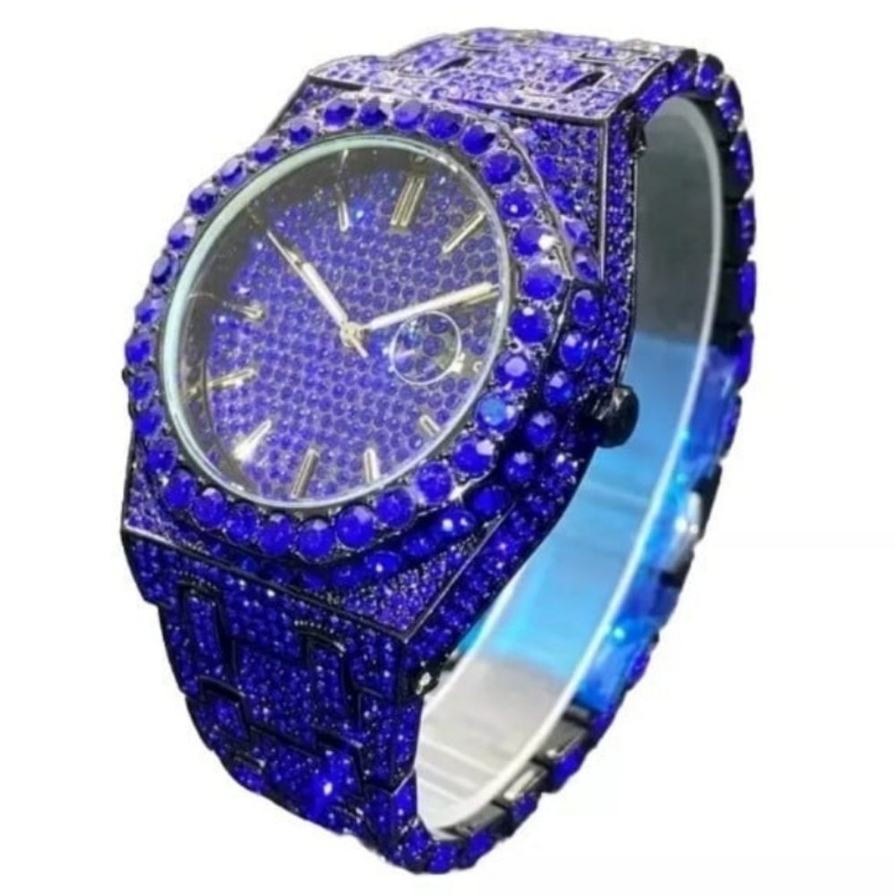 Mens Luxury Full Ice Electric BlueSimulated Diamond Hip Hop Bling Quartz Watch